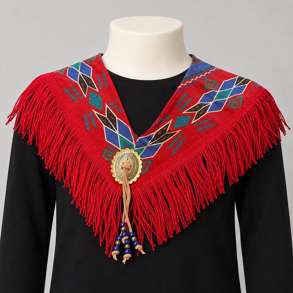 Small Western Collar Red Fringe Geometric Concho Beaded Costume Accessory